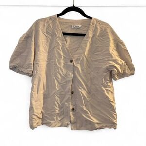 Bridge & Burn Cream Button Front Blouse Puff Sleeve Minimalist Top Size M